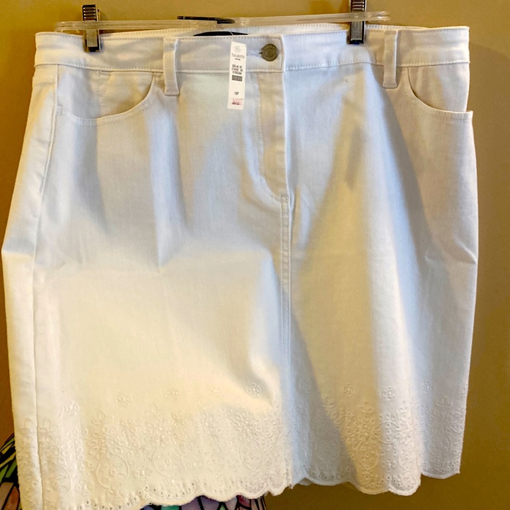 Talbots Denim Skirt Scalloped Hem Embroidered Size 16 Woman Petites
